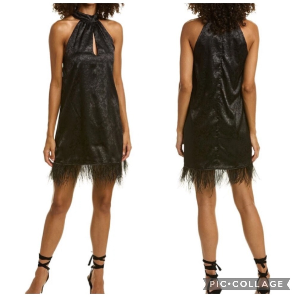 WayF feather hem halter neck dress XS black brocade